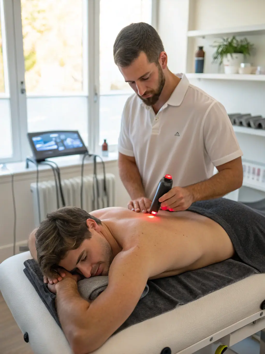 A patient receiving Cold Laser Therapy on their back, with the laser device emitting a soothing red light.