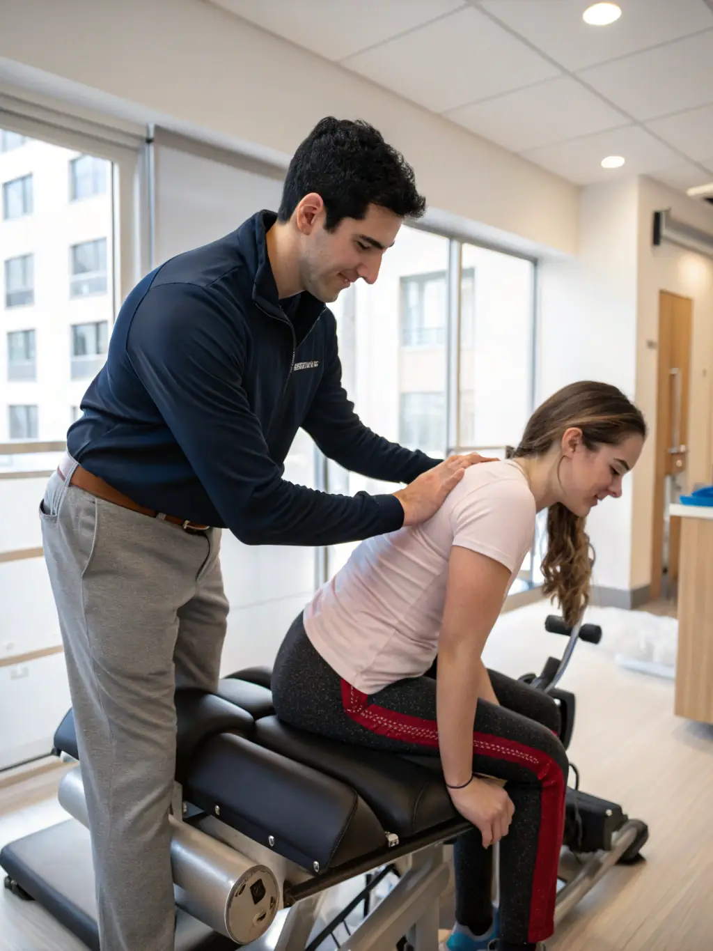 A chiropractor using Cox Flexion-Distraction technique on a patient, focusing on spinal decompression and pain relief.